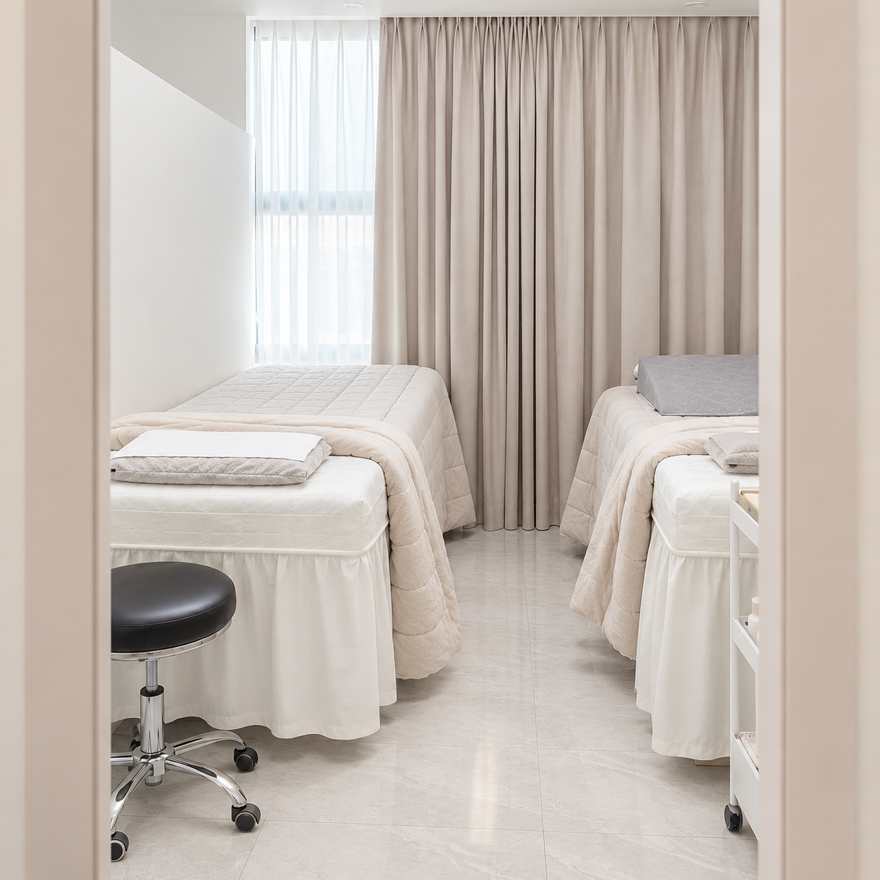 Private treatment room with twin beds, beige curtains and soft daylight