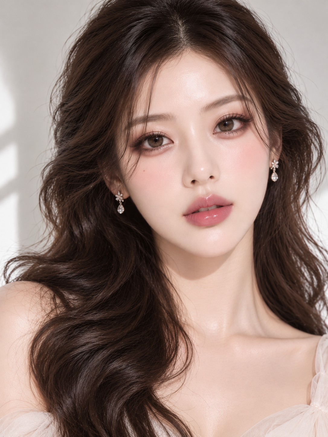 Event makeup with glamorous eye makeup and long wavy hair