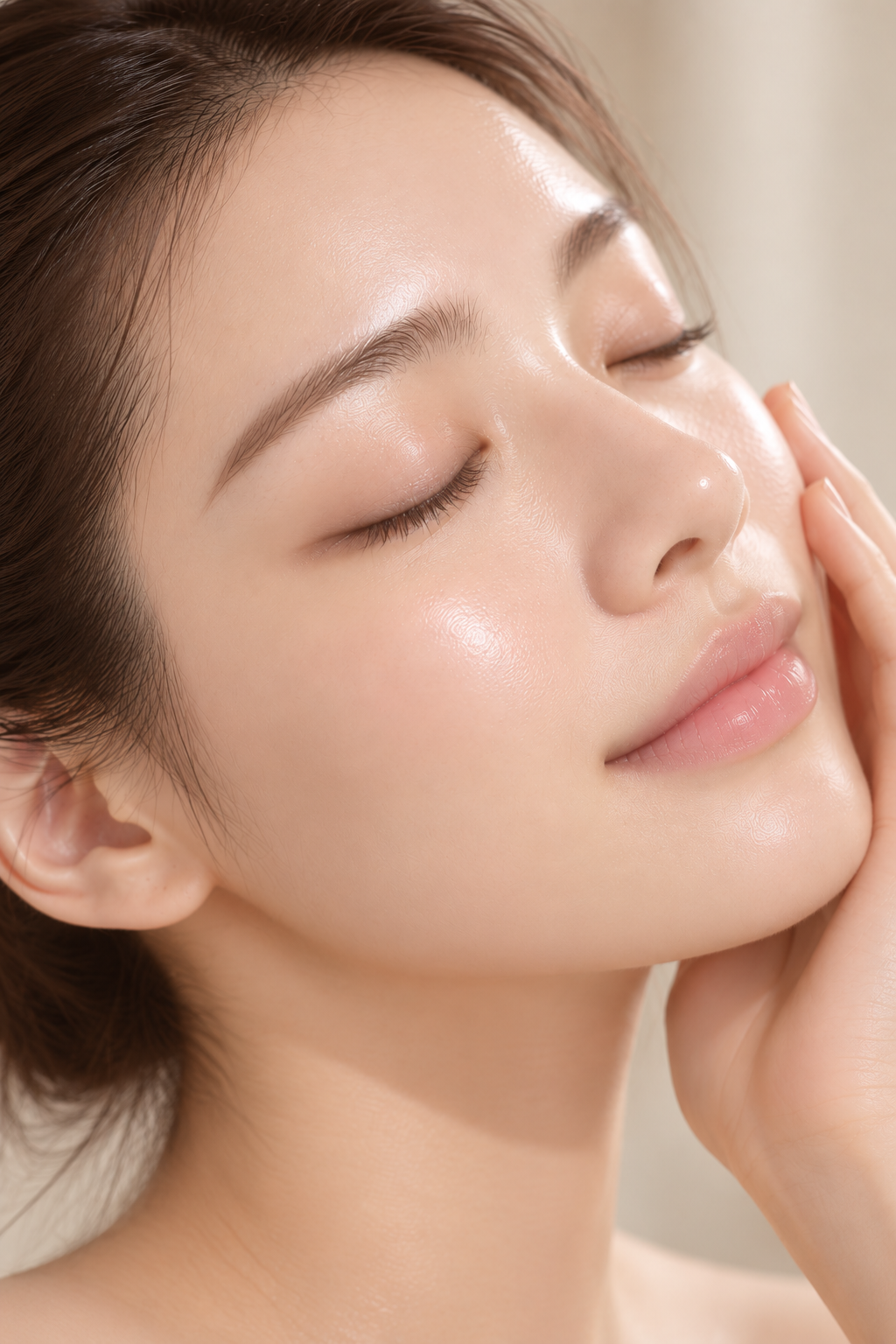 Skin care portrait showing glowing skin and a natural jawline