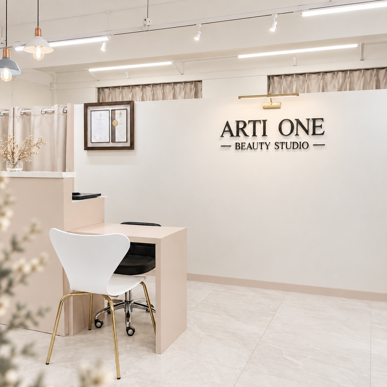 ARTIONE studio reception desk with ARTI ONE wall signage and certificate frame
