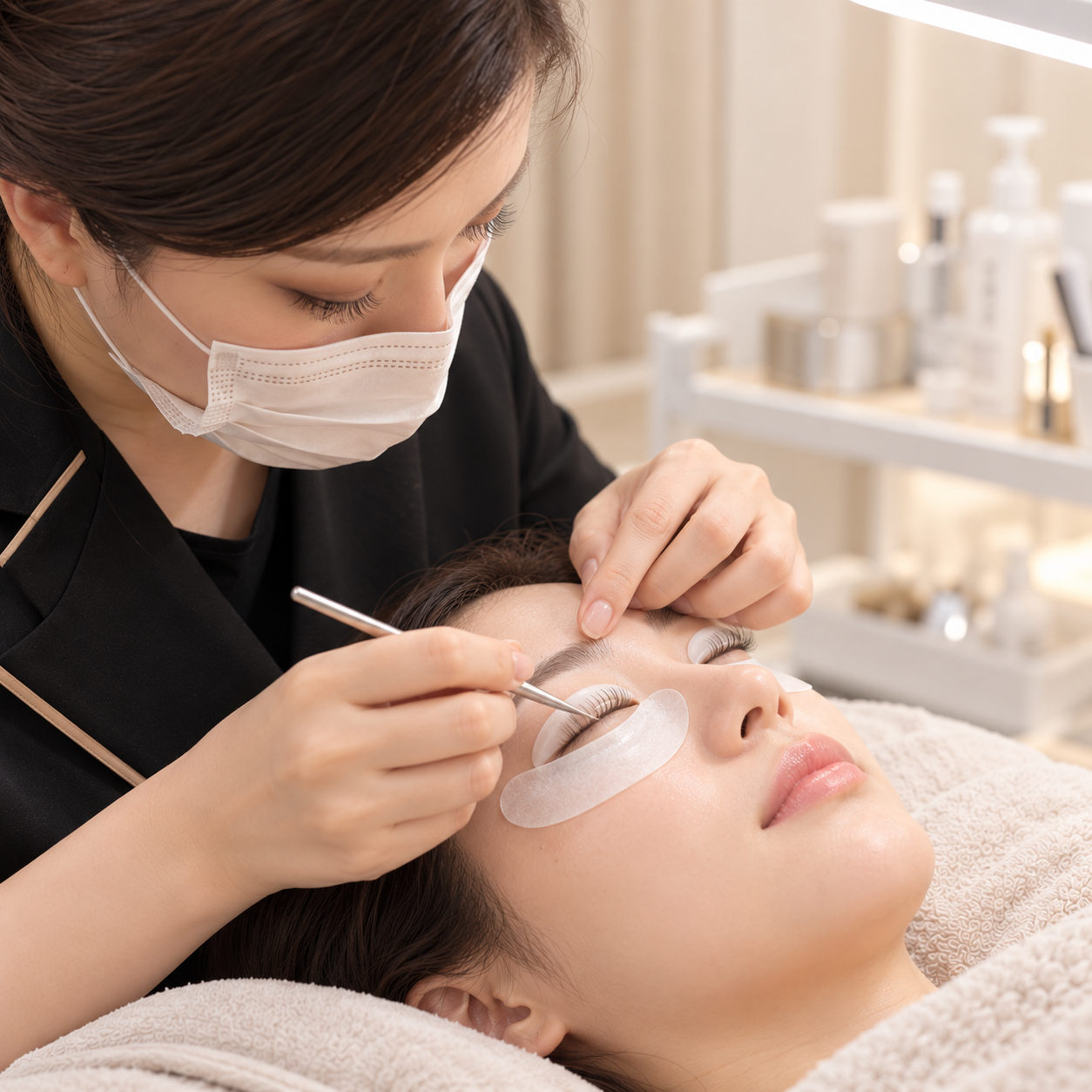 Lash lift treatment being performed on a guest lying on a treatment bed
