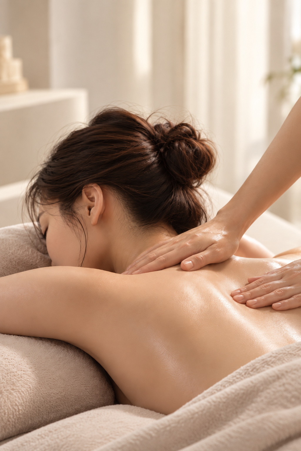 Body care massage showing the neck, shoulders, back and treating hands
