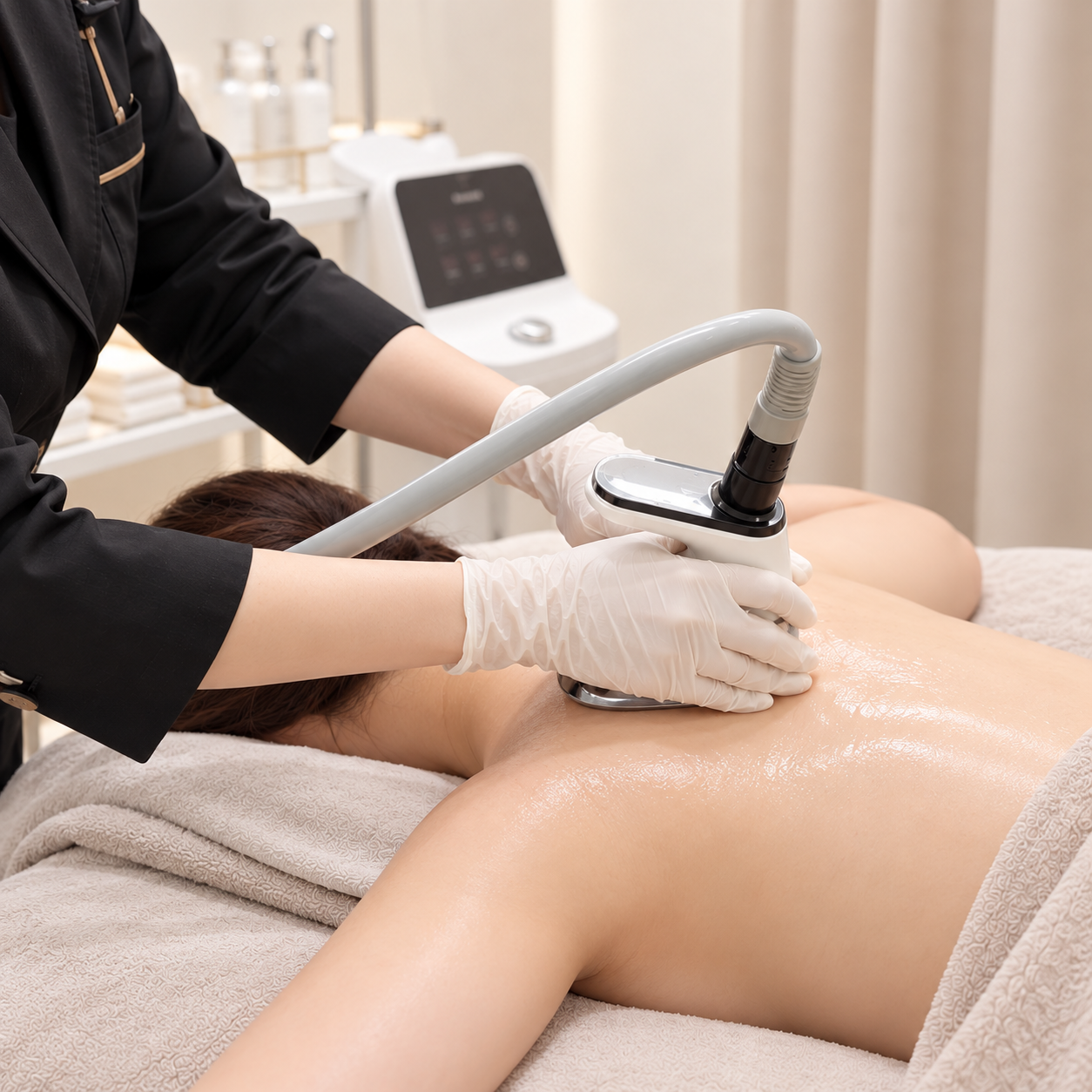 Body care treatment being performed on a guest's back with professional equipment